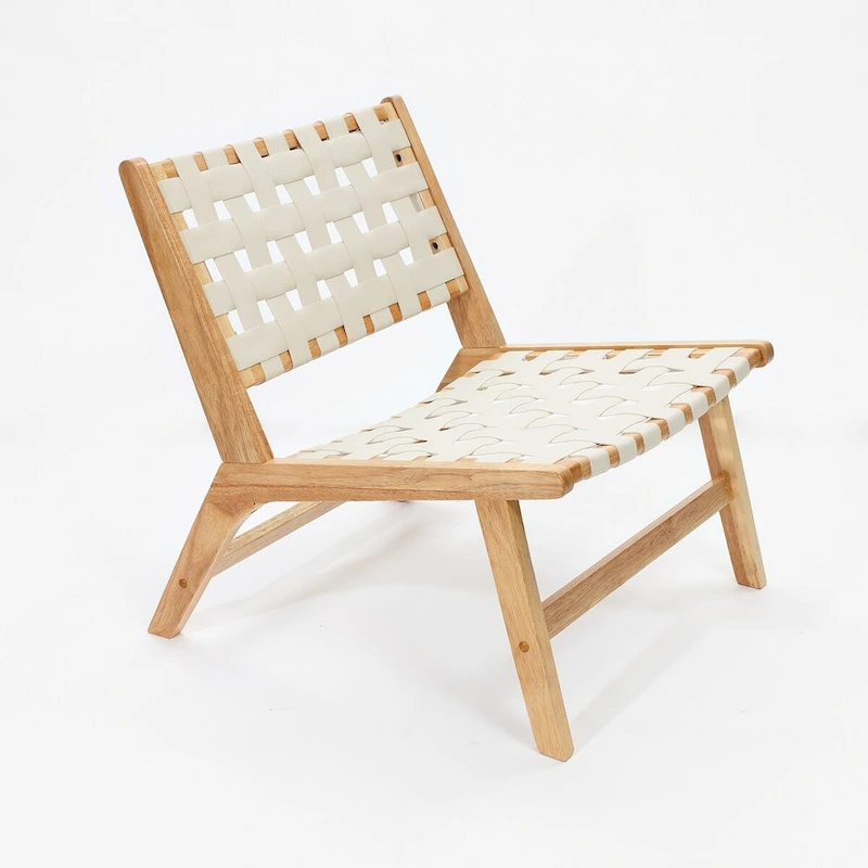 Natural Rubberwood with White PU Leather Low Profile Armless Accent Chair, Set of 2 - 28.5 H x 26.3 W x 26.5 D