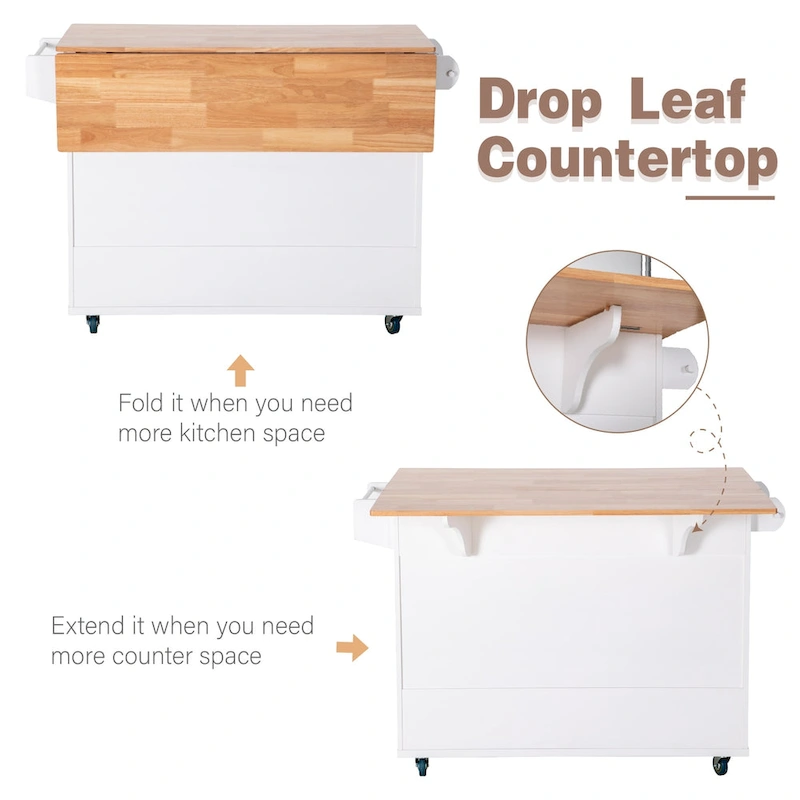 Kitchen Island Cart with Drop-Leaf and Rubber Wood Top, Rolling Kitchen Trolley Cart Cabinet