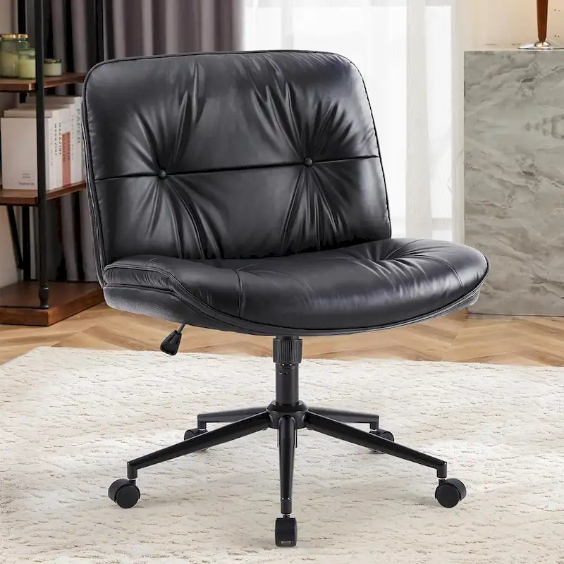 Khaki / Beige / Black PU Leather Armless Desk Chair with Wheels, 360° Swivel, Single Seat