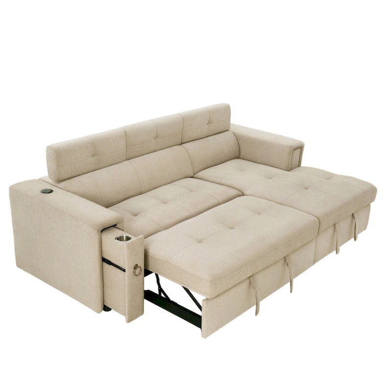 Beige L-Shape Sleeper Sectional Sofa with Adjustable Headrest & Charging