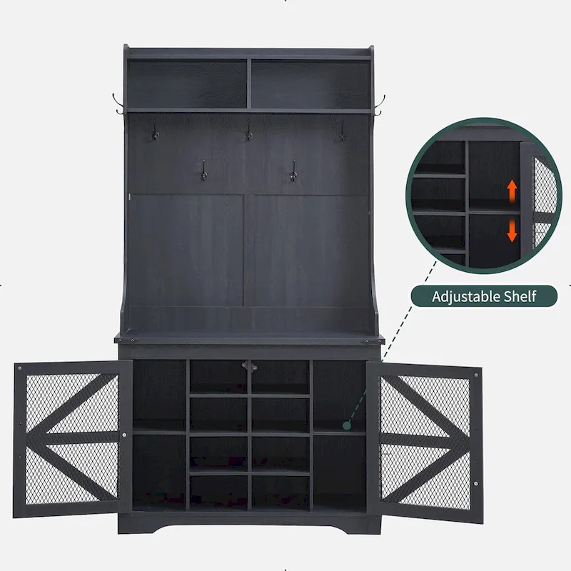 42  Wide Farmhouse Entryway Bench with Coat Rack, Mudroom Cabinet