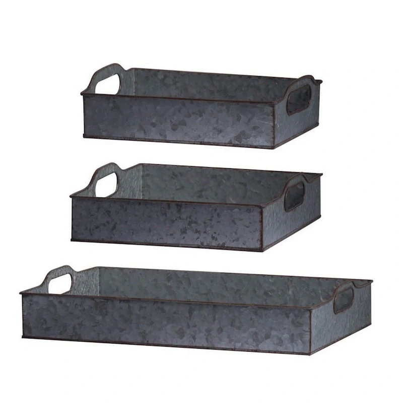 12, 12, 20 Inch Set of 3 Nesting Trays, Rectangular, Galvanized Gray Iron