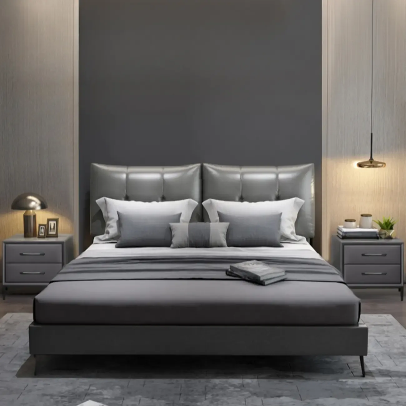 Trendy Leather Wooden 2-Drawer Nightstand with Metal Legs