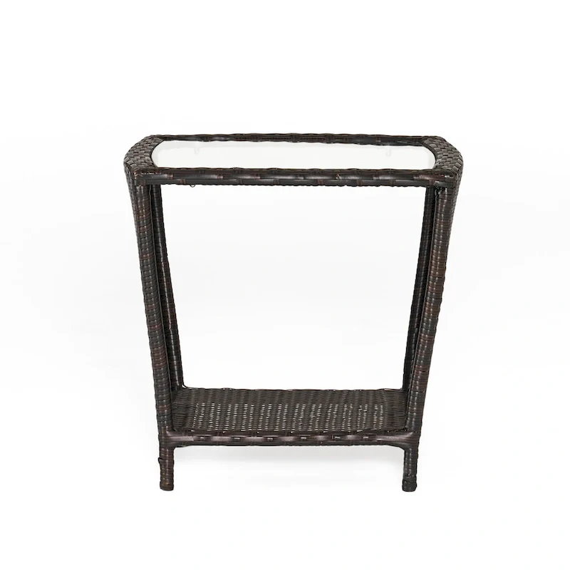 Rattan Side Table 20 Inch with Glass Top Outdoor Wicker Storage