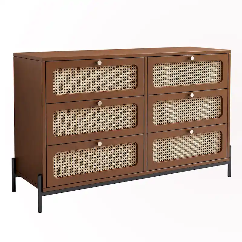 6-Drawer Rattan Wood Nightstand