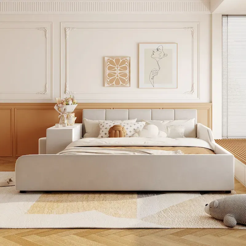 Upholstered Grounded Bed Mother & Child Bed with Bedside Desk and Little Round Stool