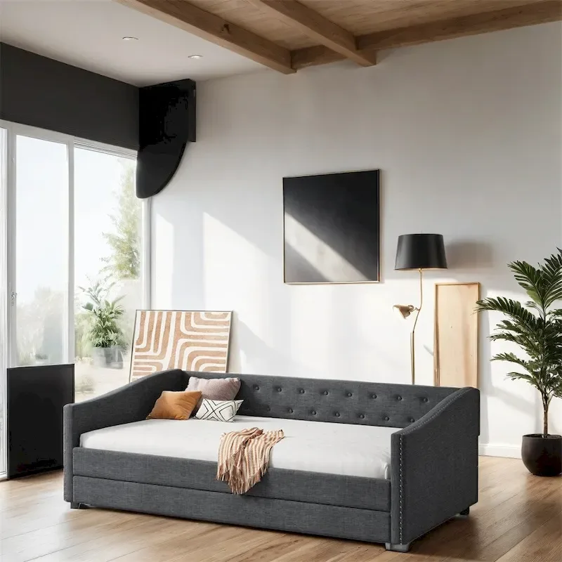 Twin Size Upholstered Tufted Daybed with Trundle and Copper Nail