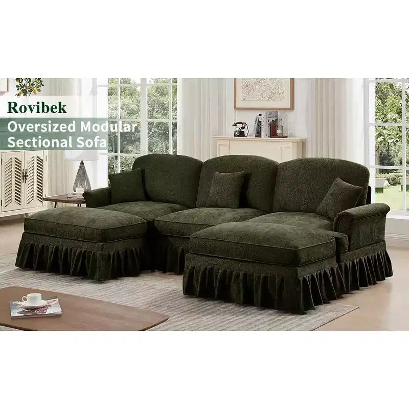 MooxvMoo 107in Chenille Midcentury Modern Sofa U Shaped Couch, with Detachable Ruffle Hem, Sectional Couches W/ Throw Pillows & 2 Ottoman, Green