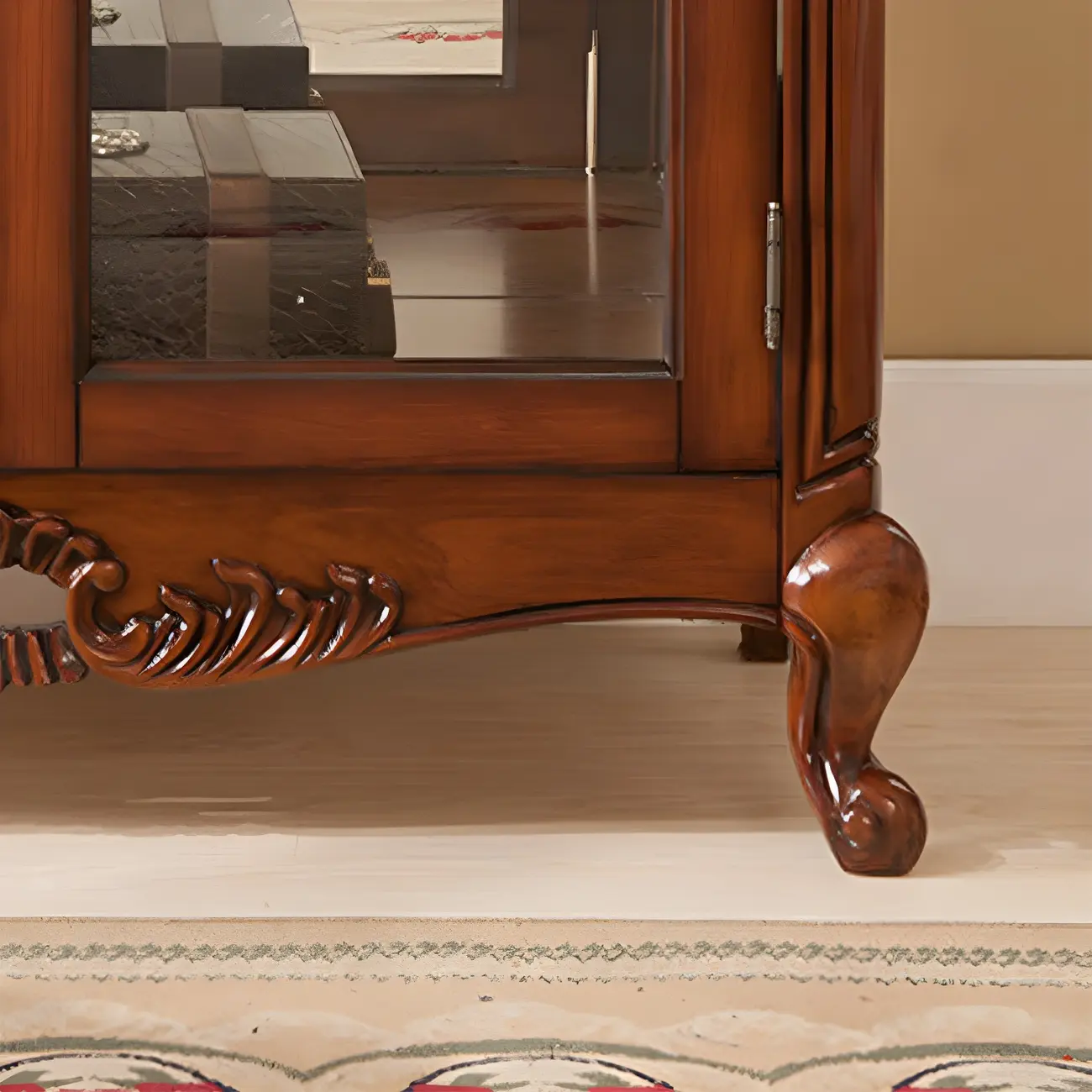 Traditional Wood Brown Glass Shelf Display Cabinet