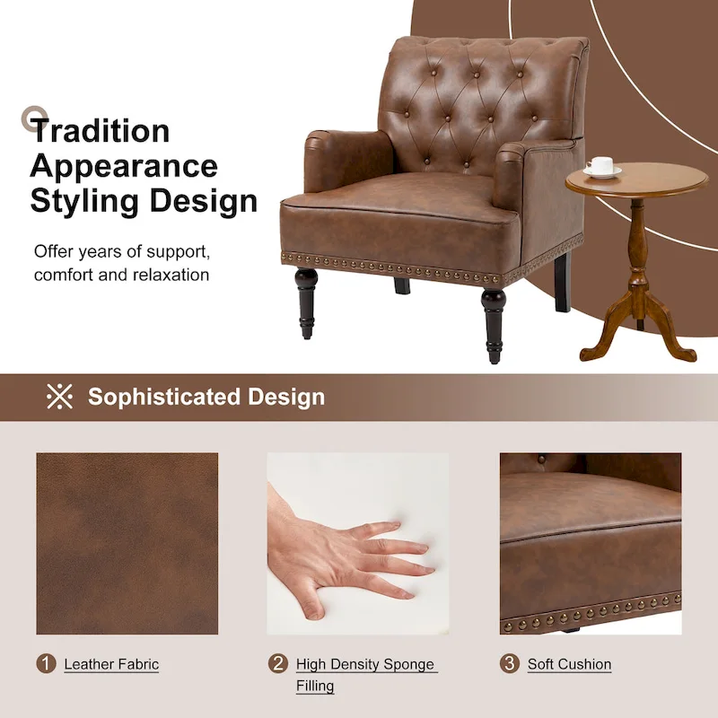 Button-Tufted PU Leather Accent Chair, Black/Brown/Beige, Nailhead Trim, Seats 1