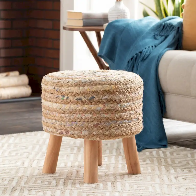 Hand Crafted Bohemian Jute and Wood Foot Stool
