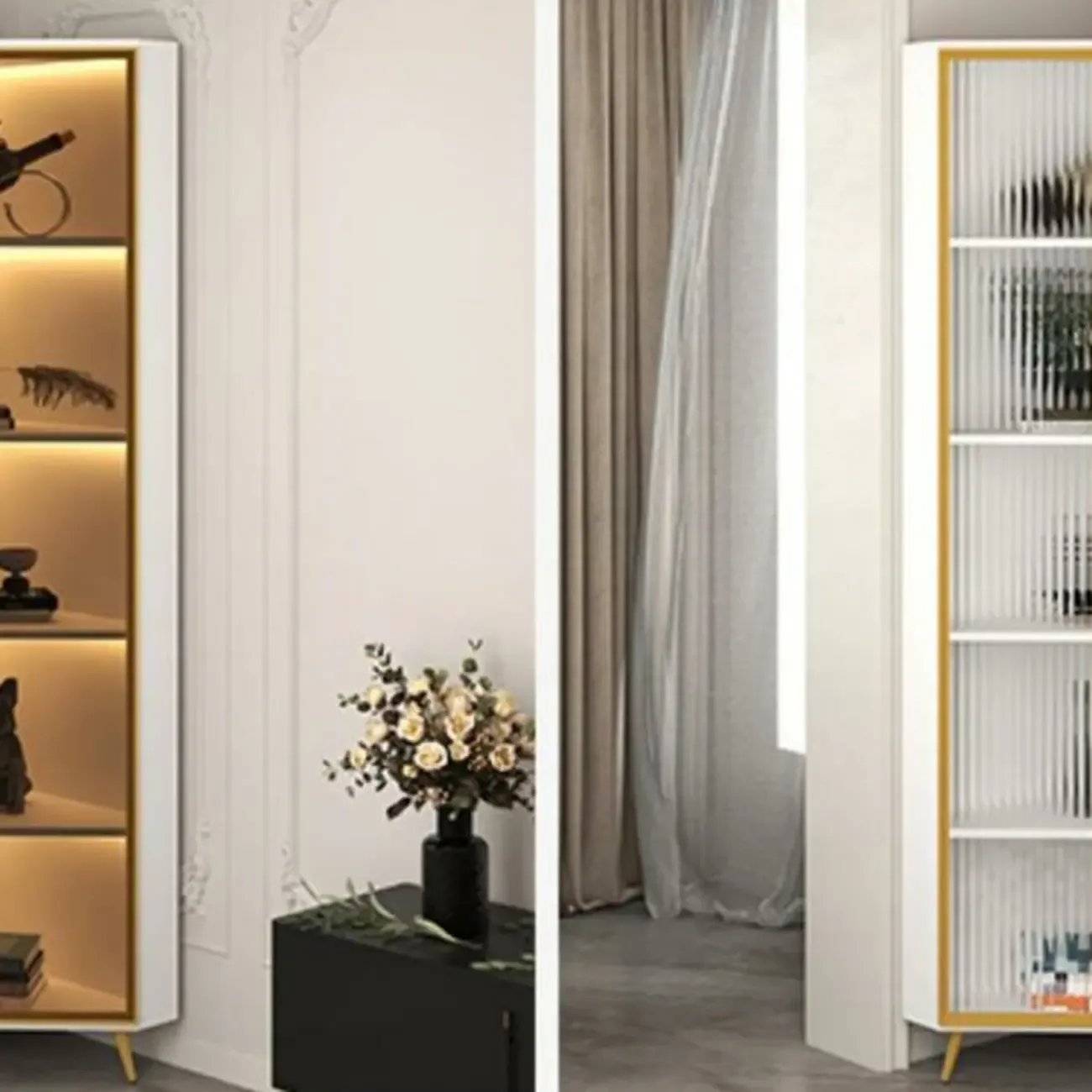 Modern Glam White-Gold Wood Glass Display Cabinet