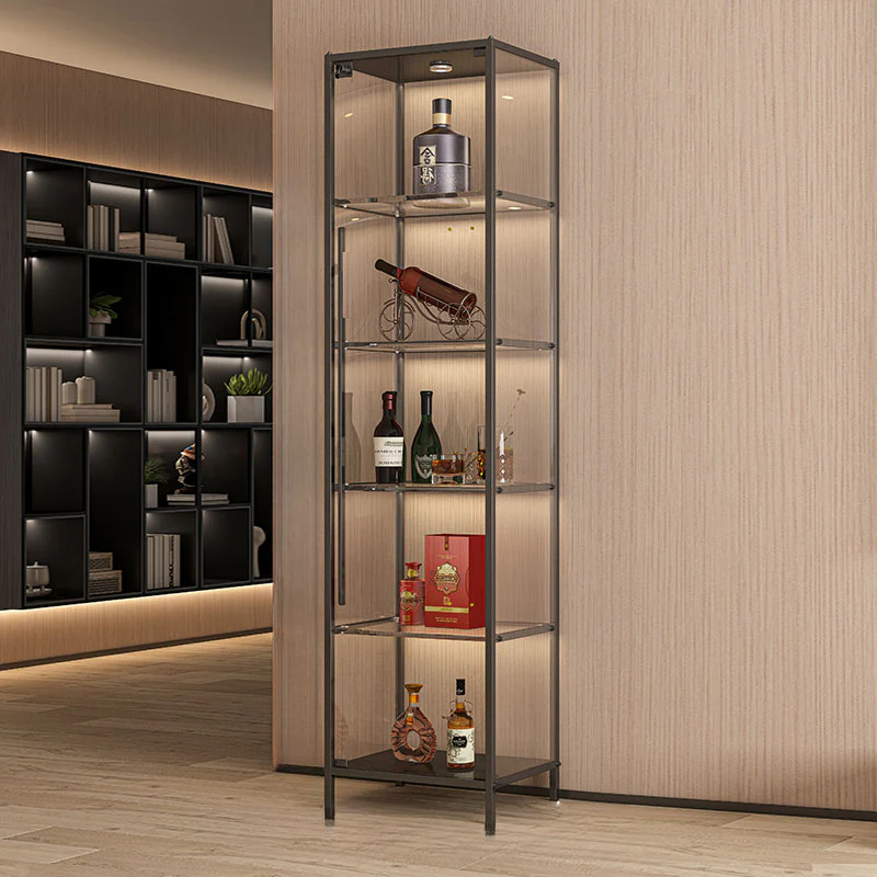 Lighting Metal Shelf Floor Wine Cabinet with Glass Doors