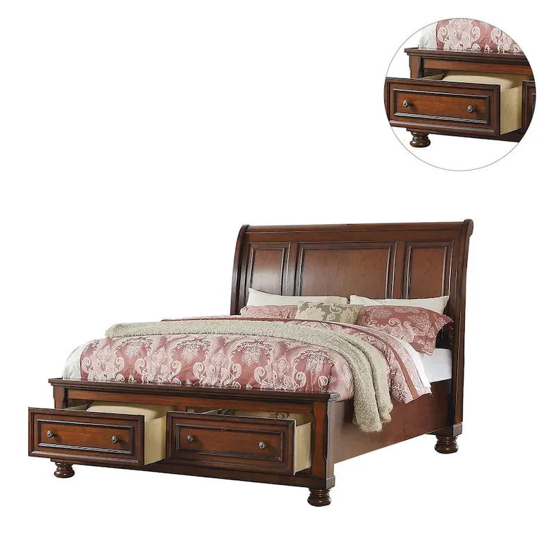 Sleigh Bed With 2 Drawers, Cherry Brown
