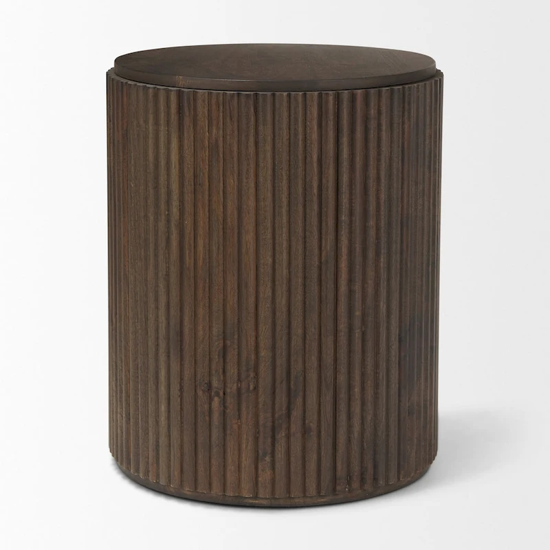 Terra Dark Brown Solid Wood Fluted Round Side Table