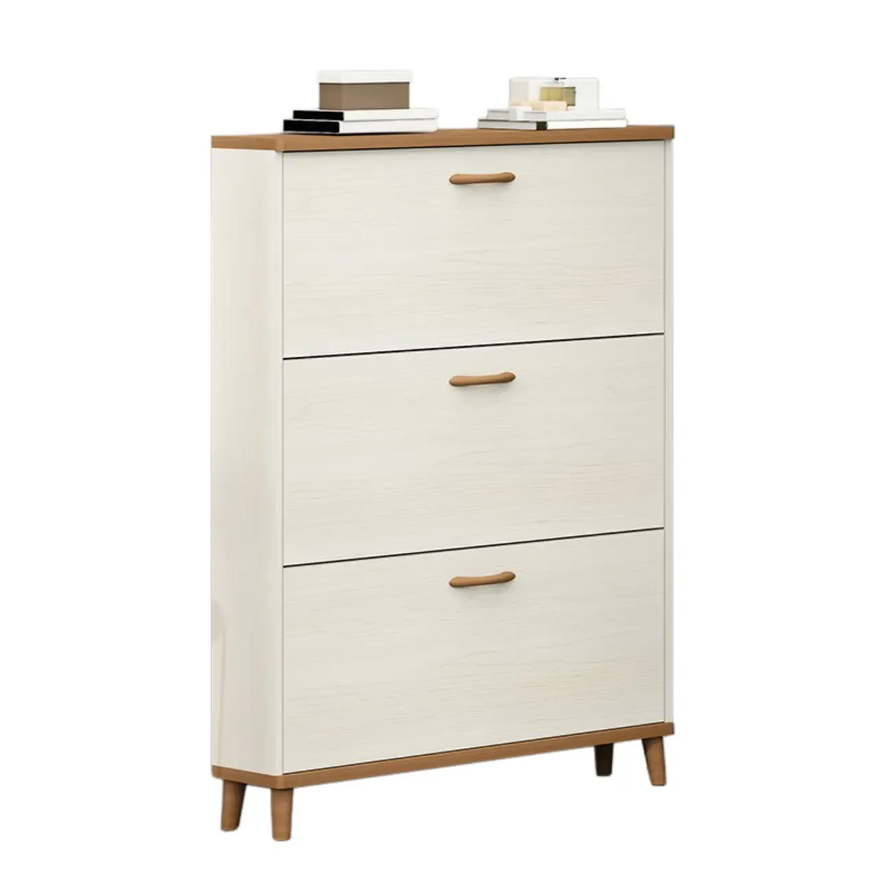 Narrow Beige Solid Wood Drop Front Shoe Cabinet