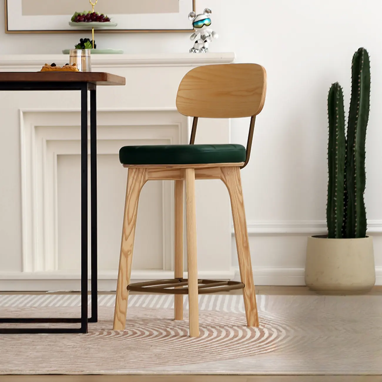 Wooden Square Leather Upholstered Bar Stool with Backrest
