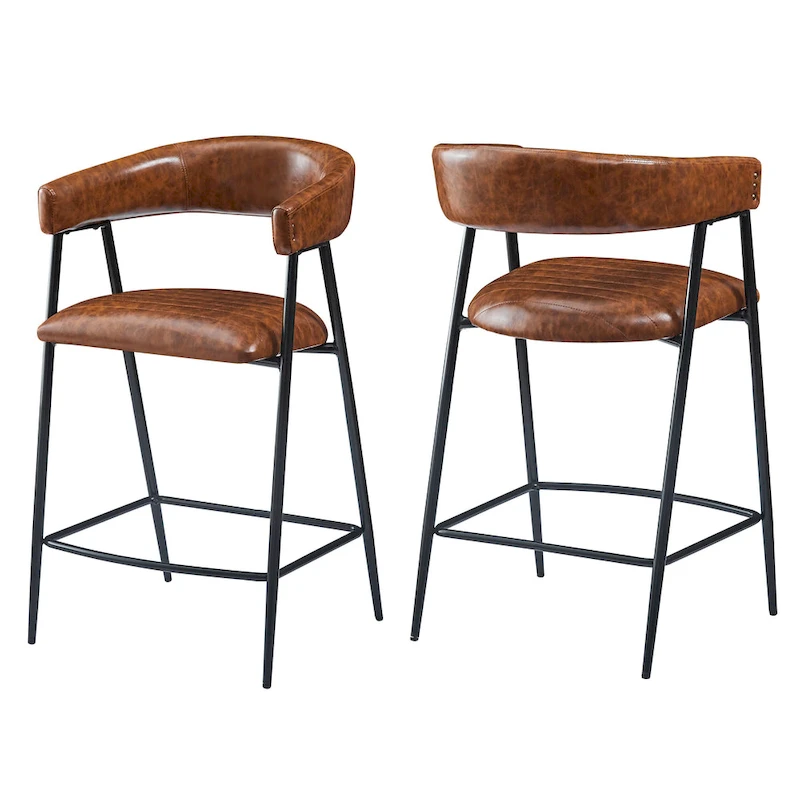 Roomfitters 26 PU Upholstered Counter Stools, Set of 2 Bar Height Chairs with Iron Frame, Backrest, Footrest and Arms, Brown
