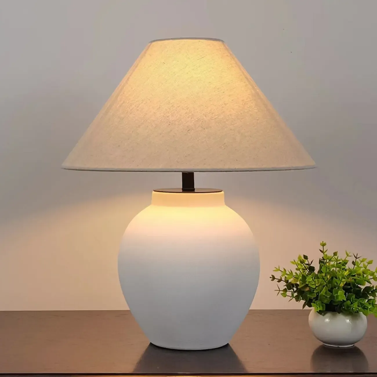 Simple Modern Ceramic Yellow LED Table Lamp in Fabric Shade