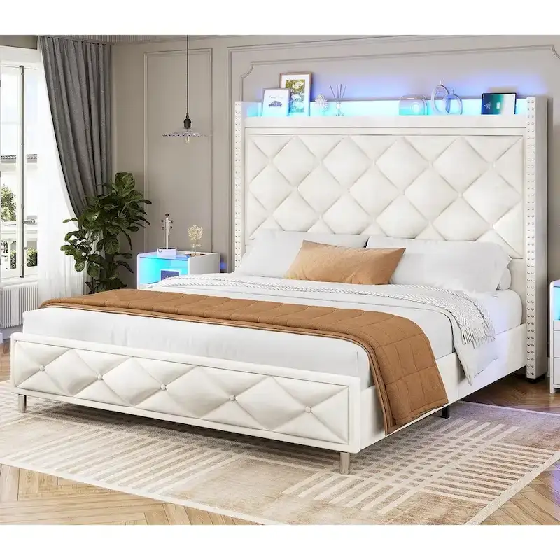 LED Bed Frame with 51.2  Tall Headboard Charging Station