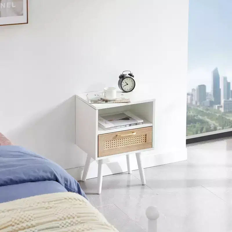 MAYEERTY Rattan End Table with Drawer and Solid Wood Legs, Side Table for Living Room, Bedroom, White