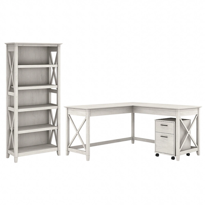 Key West 60W L Desk with File Cabinet and Bookcase by Bush Furniture