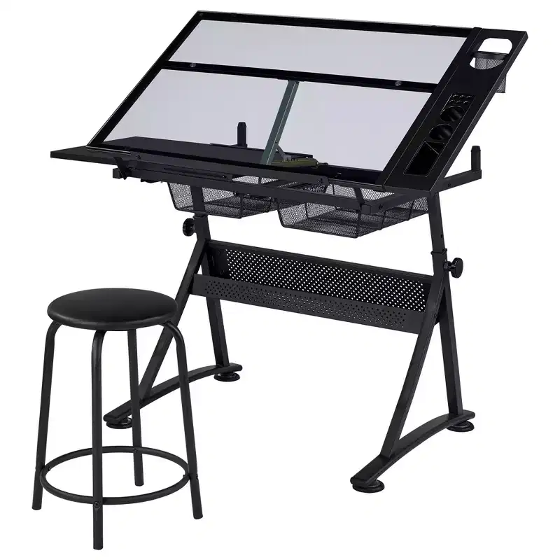 Adjustable Glass Drafting Table & Stool Set, Black, 1-Person