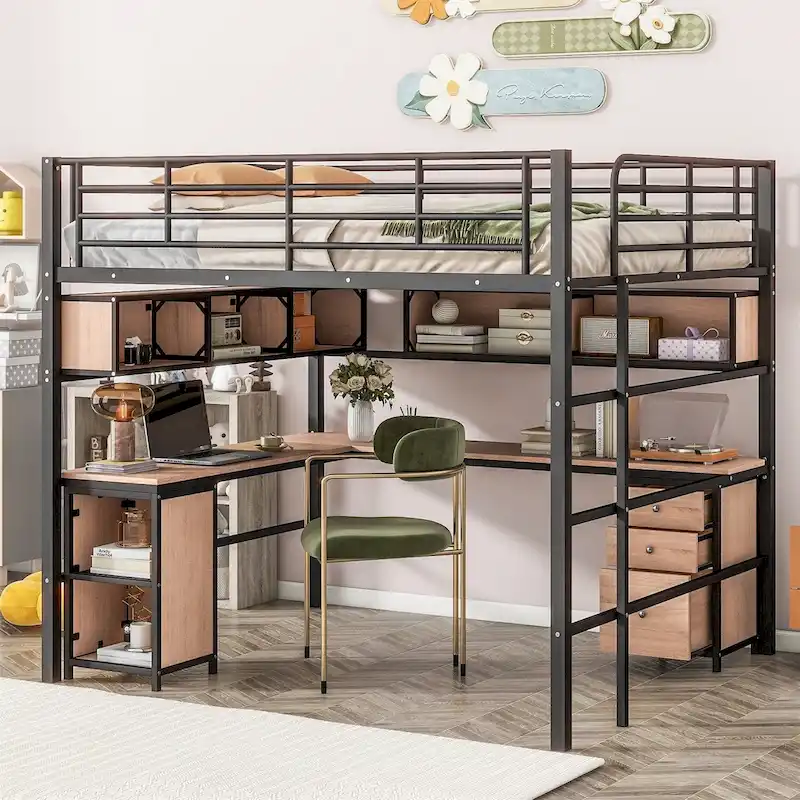 Merax Metal Loft Bed with bookcase, desk and cabinet