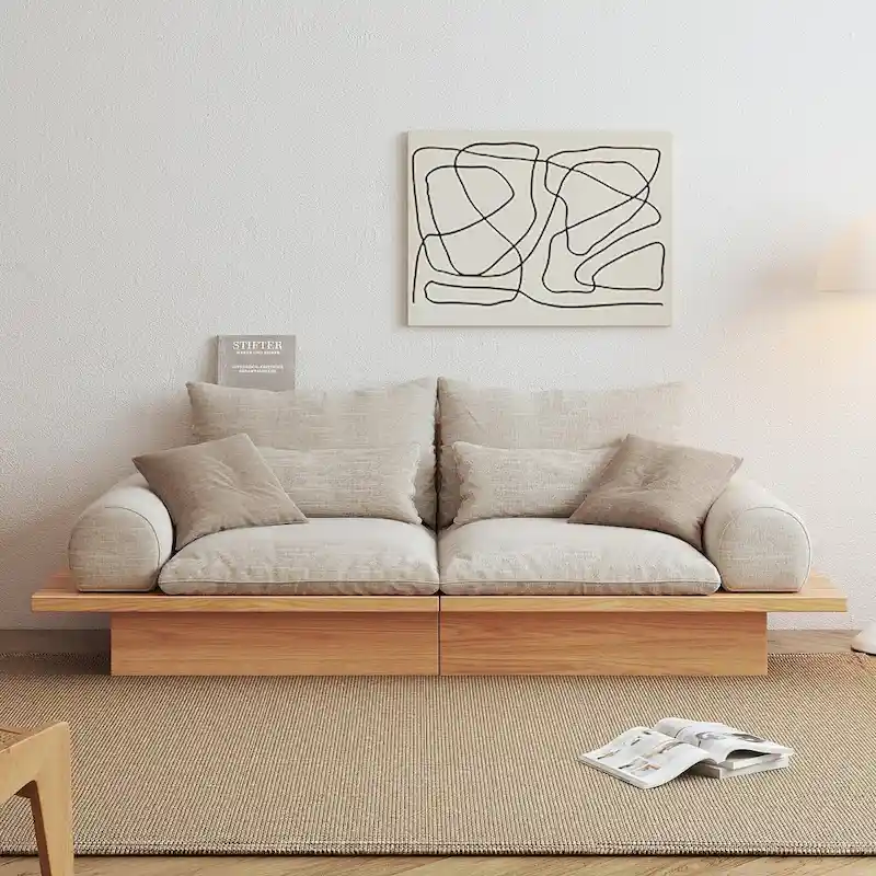 JASIWAY Cotton Line Beige Sofa With Wood Frame