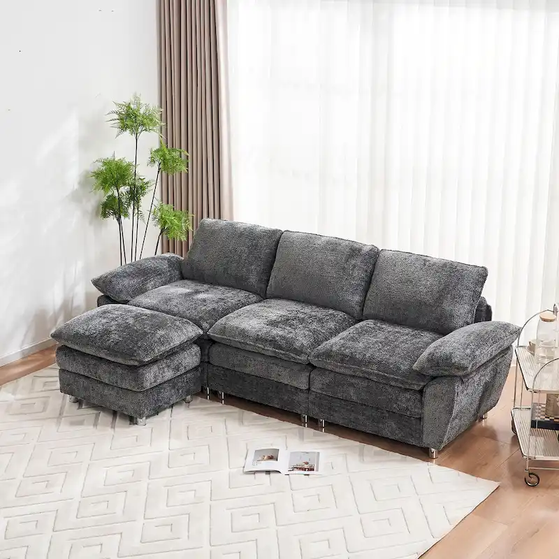 Modern Deep 3-Seat Sofa Couch with Ottoman