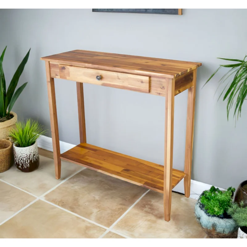 Solid Acacia Wood 1-drawer Console Table with Bottom Shelf