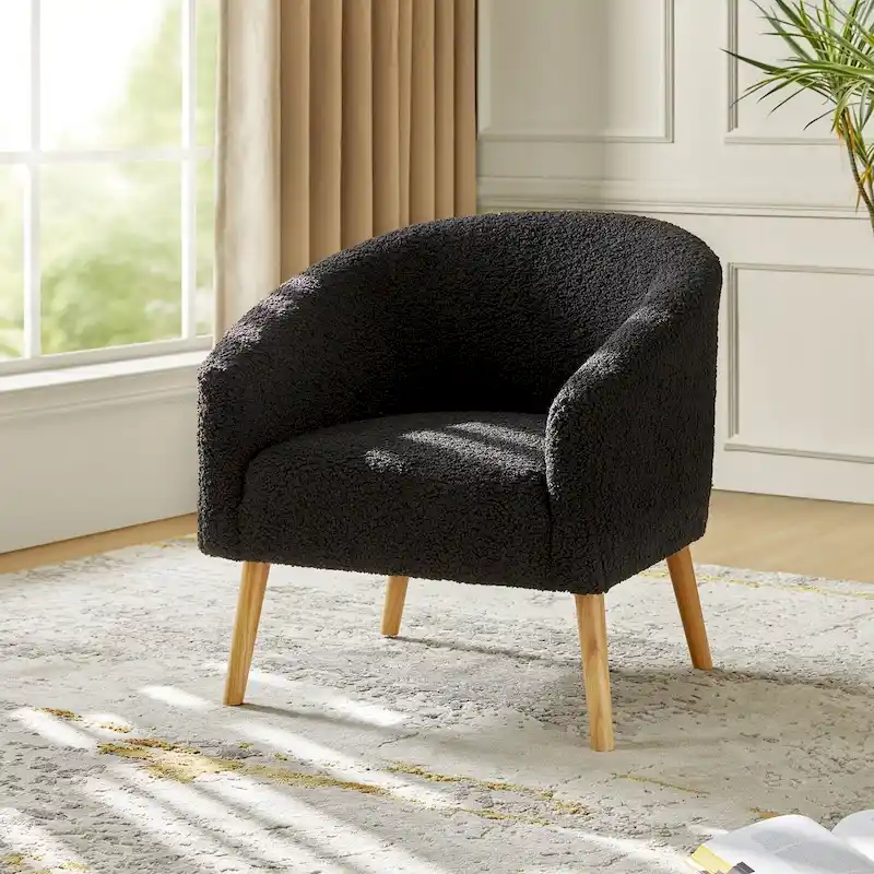 Modern 31W Boucle Armchair with Solid Wood Legs
