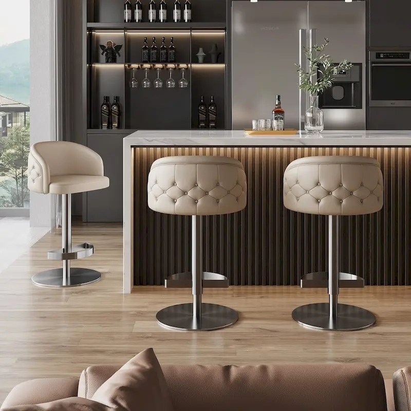 Khaki PU Bar Stool Adjustable Height and Swivel for Kitchens Bars Restaurants and Cafes