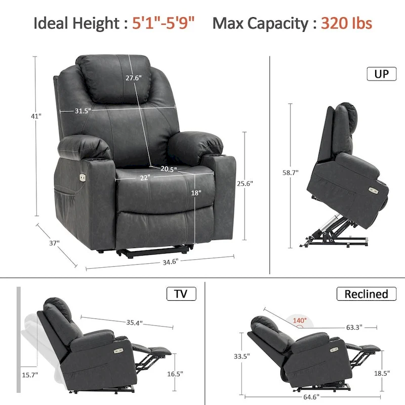 MCombo Large Power Lift Recliner Leather Chair with Massage, Heat, Cup Holders,Extended Footrest, Leather 7516