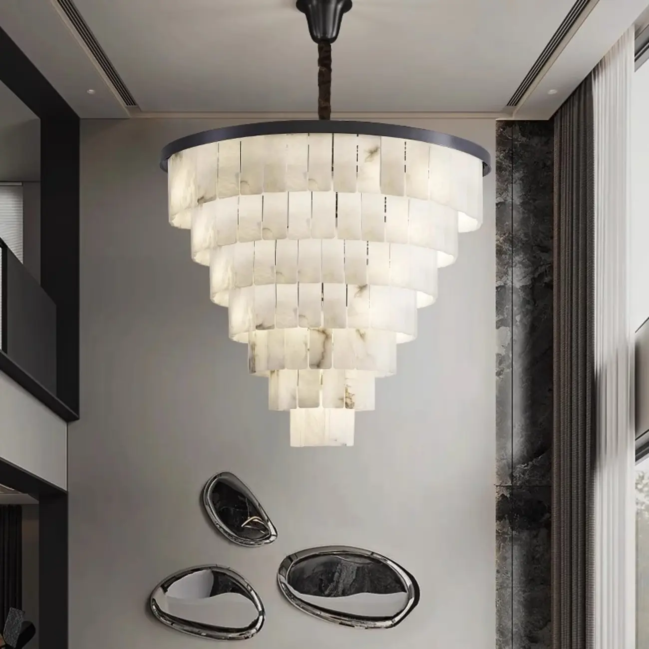 White Stone Geometric Tiered Crystal Chain Chandelier