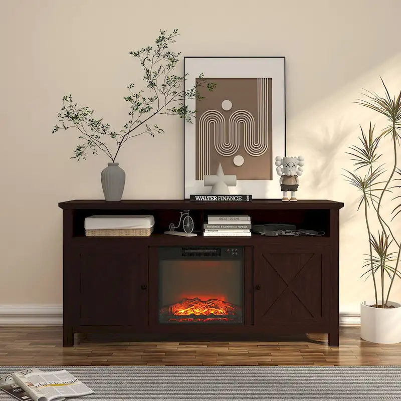 Clihome 58 Wood Fireplace TV Stand with 18 Electric Fireplace