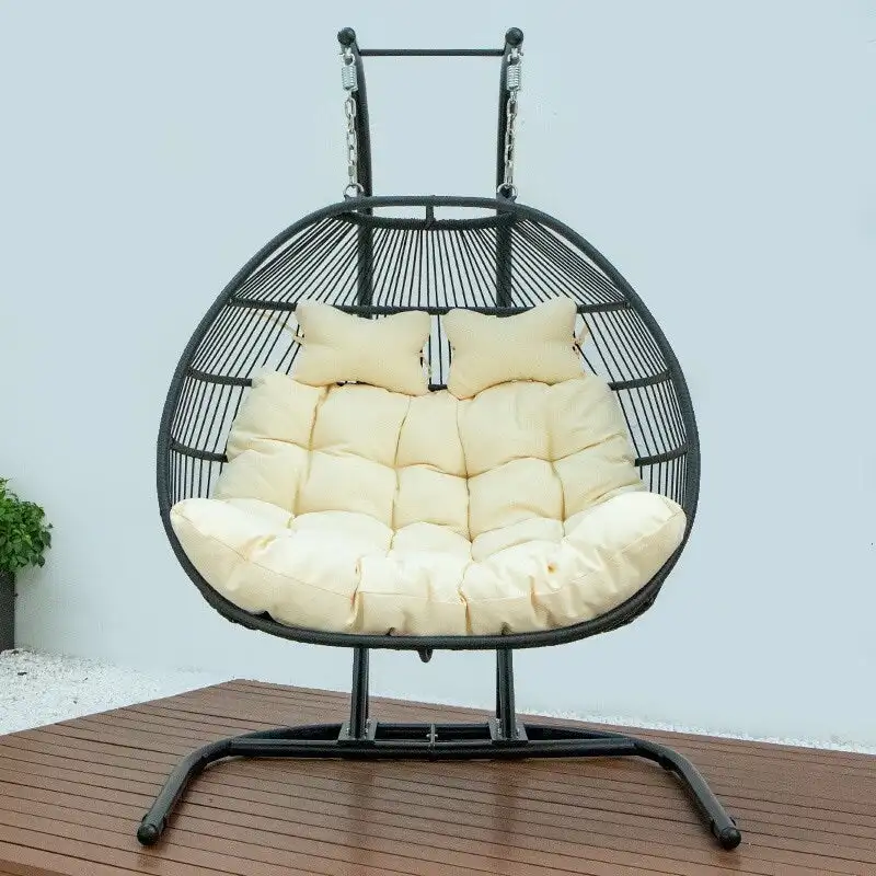 Double-Seat Folding Hanging Swing Chair with Stand & Cushion