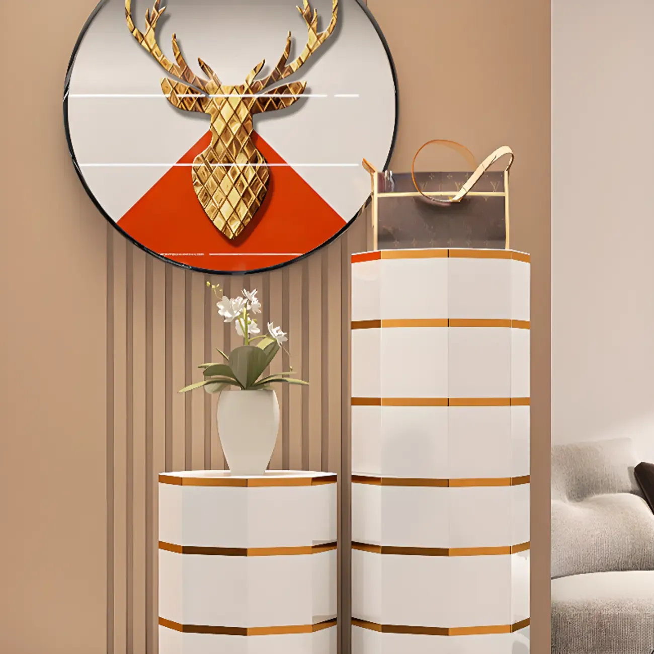 Rotating Glam White Metal Hexagon Entryway Shoe Cabinet