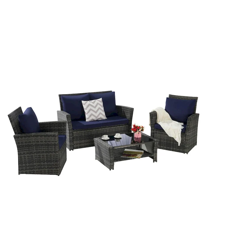 4-Piece Rattan Conversation Sofa Set with Glass Table