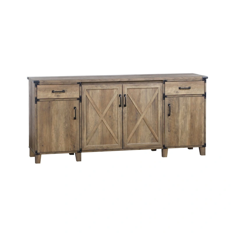 Oxford Farmhouse Rustic Oak Four-Door Credenza File Cabinet - 64.7W x 15.8D x 29.7H