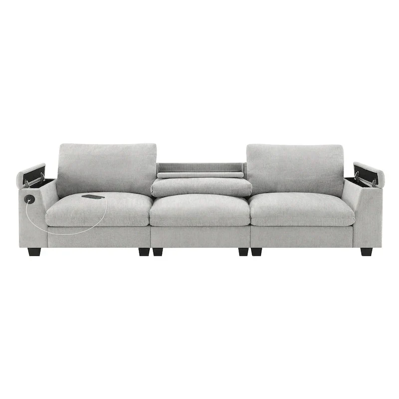 96 Chenille Smart Sectional Sofa with Bluetooth Speaker, Drop-Down Table & USB Charger and 3-Seater Cloud Couch