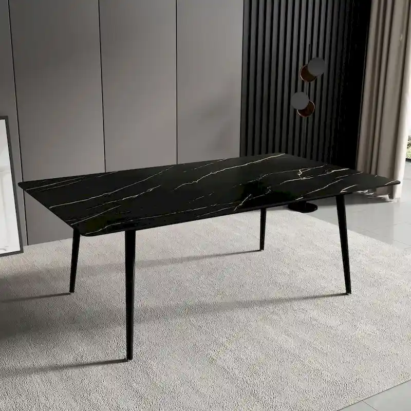 70.8 inch rectangular white kitchen dining table, with a sintered stone marble tabletop, metal legs