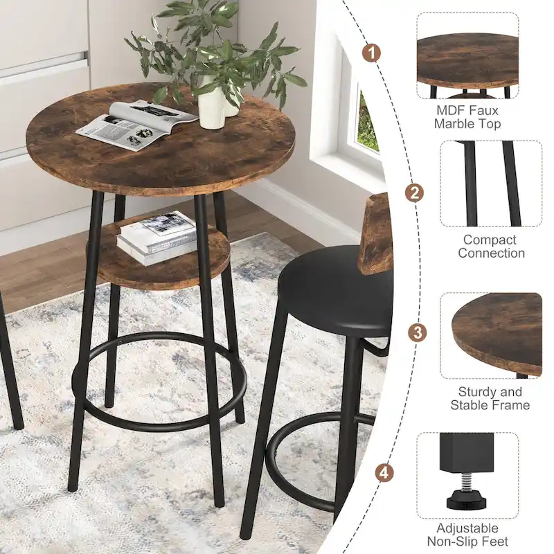 3 Pcs Dining Set, 2-Tier Round Bistro Bar Table & Upholstered Chair