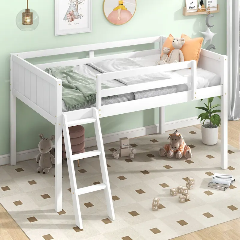 White Twin Size Low Solid Wood Loft Bed with Ladder and Safety Fence for Children