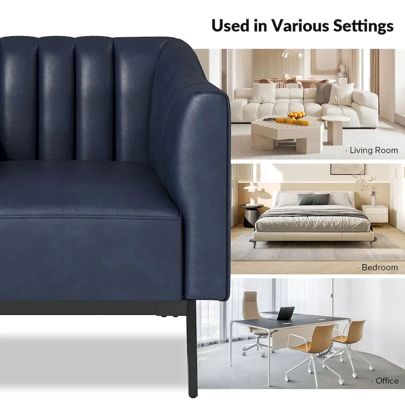 Channel Tufted PU Leather Accent Chair, Navy/Grey/Camel/Brown/Black, Metal Legs, Set of 2