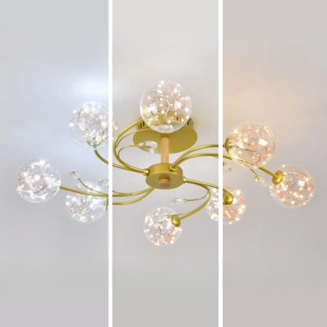 Crystal Globe Shade Gold Semi Flush Mount Light 3-Gear Dimming