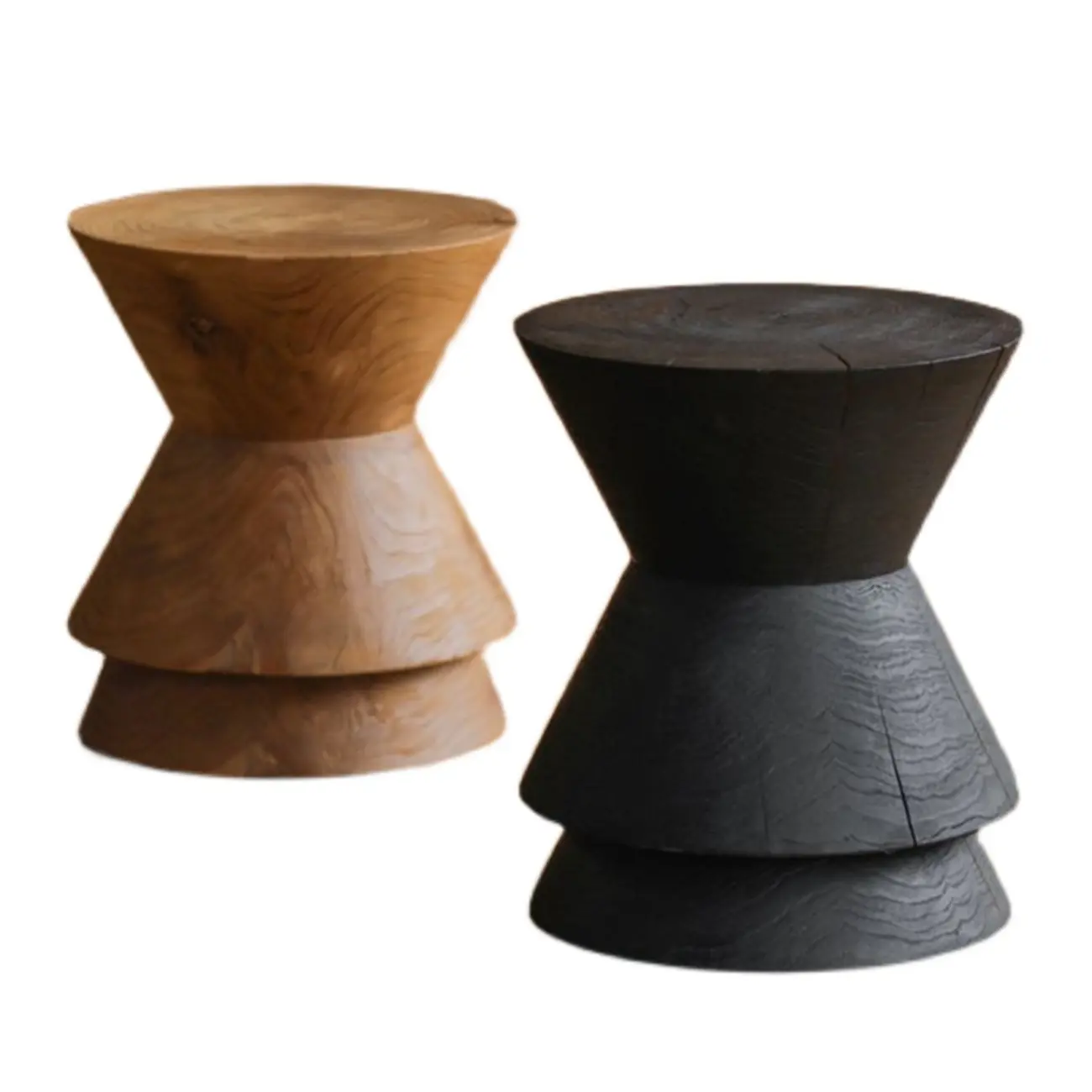 Small Round Modern Pine Wood Side Table with Drum Base