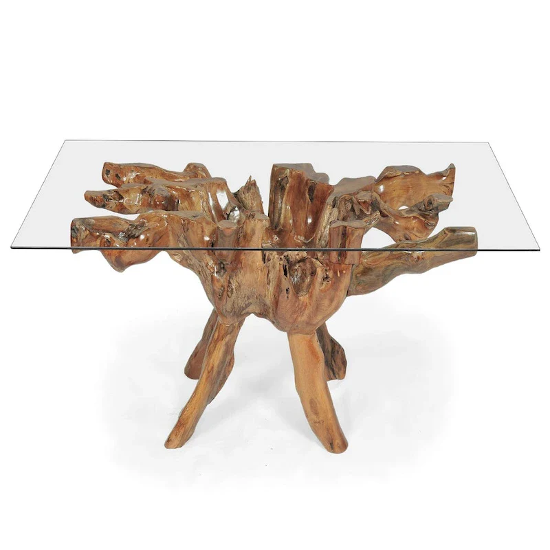 Teak Wood Root Dining Table with 55 inch Square Glass Top