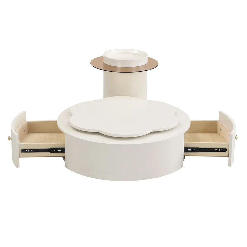 Modern Round Coffee Table Set of 2, 360-Degree Rotatable Flower-shaped Top with 2 Drawers, Top Circle Side Table with Glass