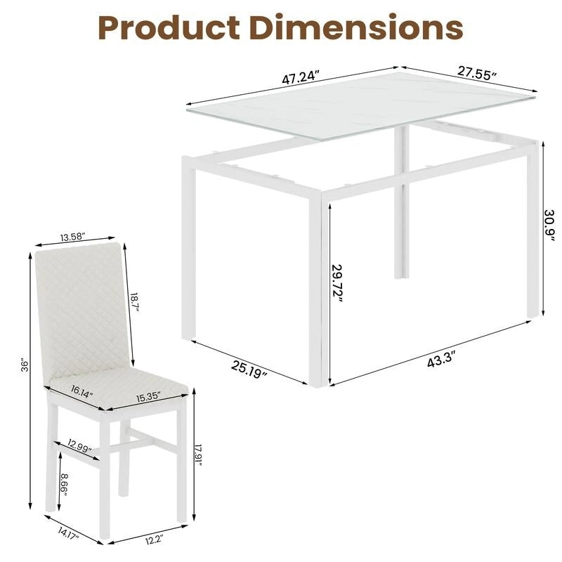 Grondin Modern Style 5-Piece Dining Room Table Set with Tempered Glass Tabletop and 4 Diamond Stitching PU Leather Dining Chairs